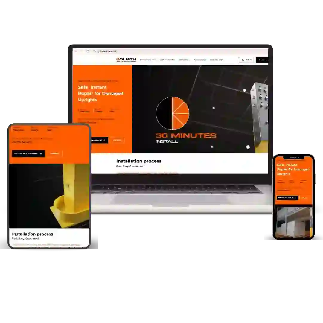 Goliath Upright Racking Repair website displayed across desktop and mobile devices