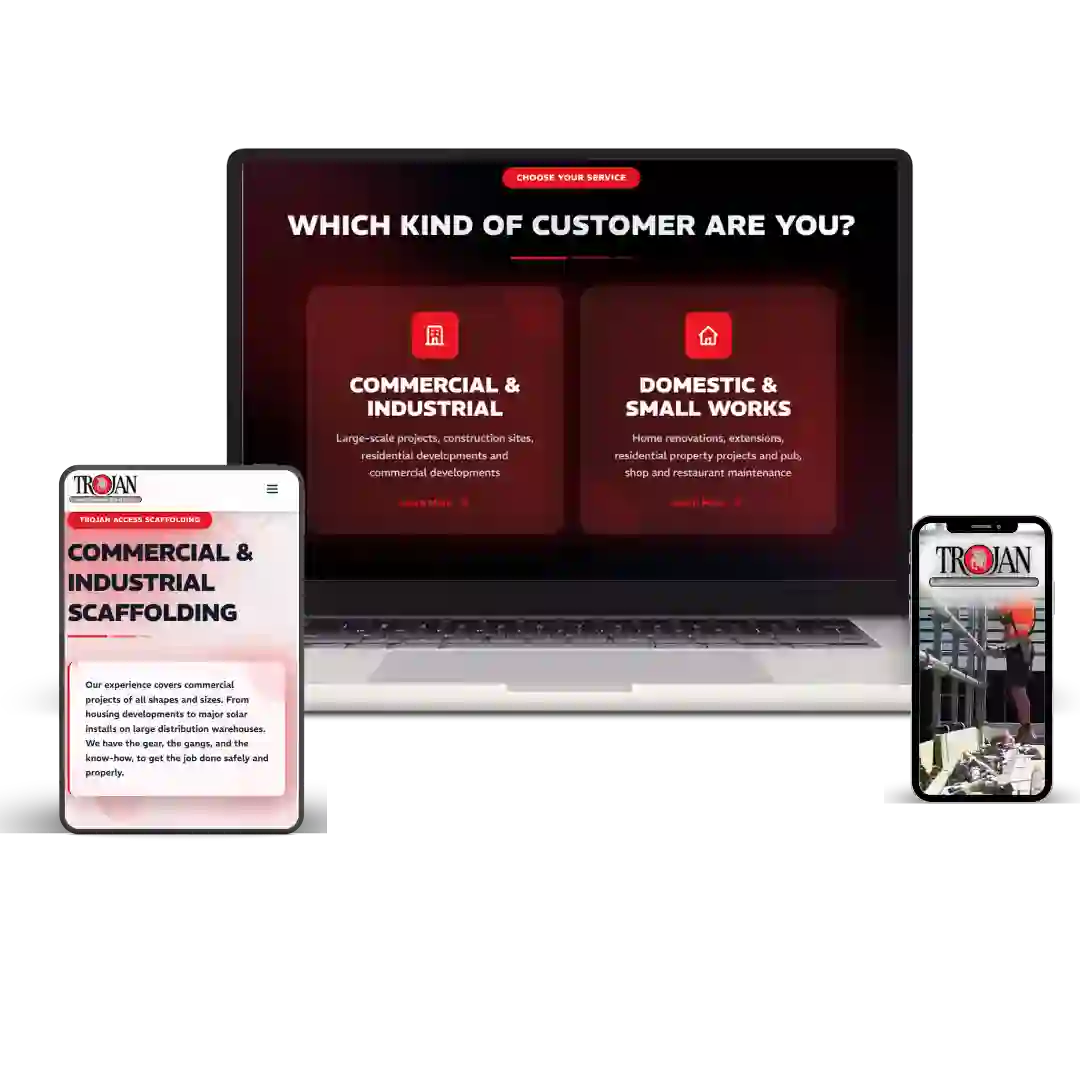 Trojan Access Scaffolding website displayed across desktop and mobile devices